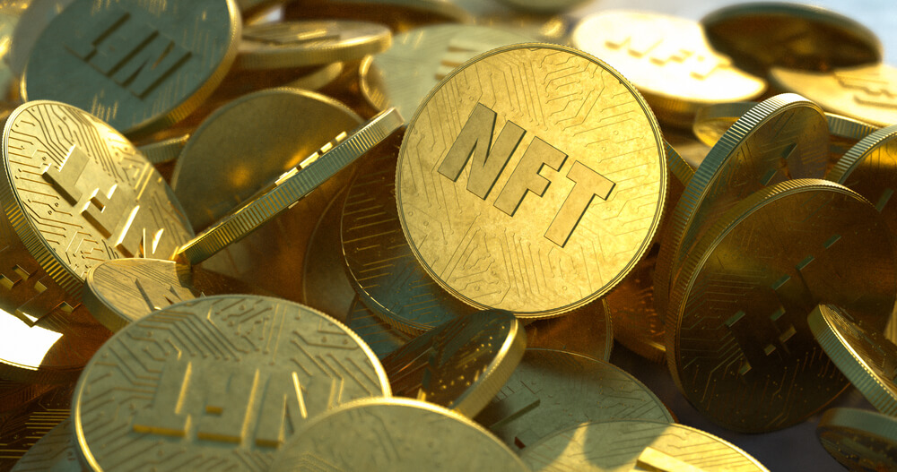 Nft Golden Coins In Pile Non Fungible Tokens Dropped Casually In A Large Pile Close-up Shot