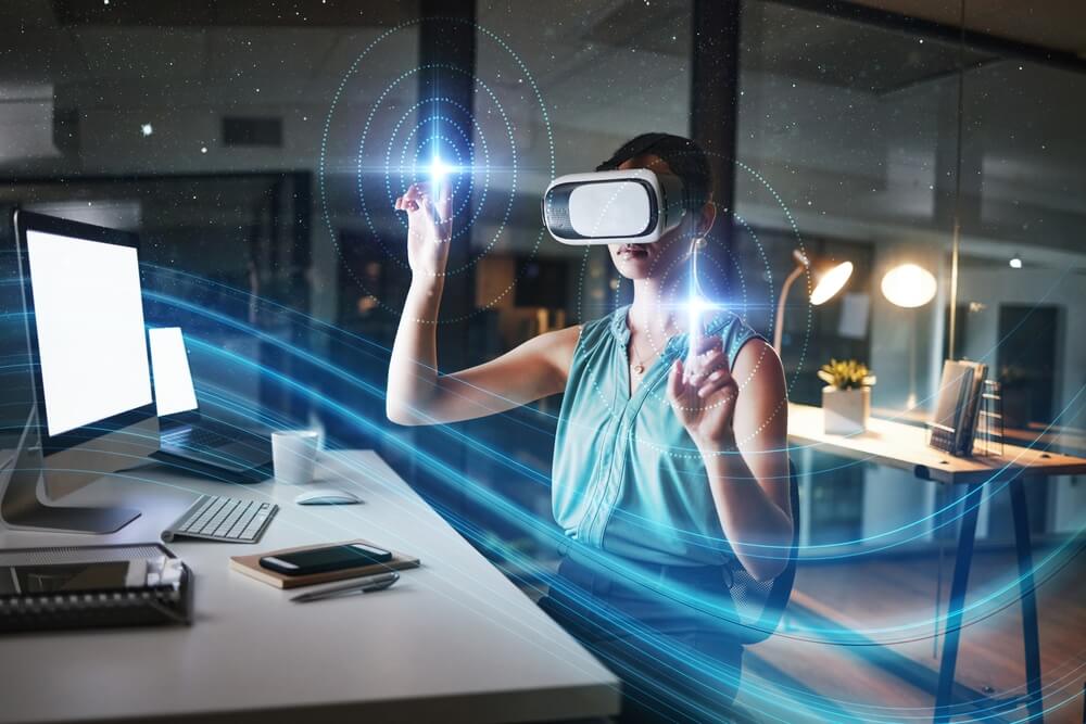 Metaverse, VR and business woman in virtual reality exploring a cyber world.